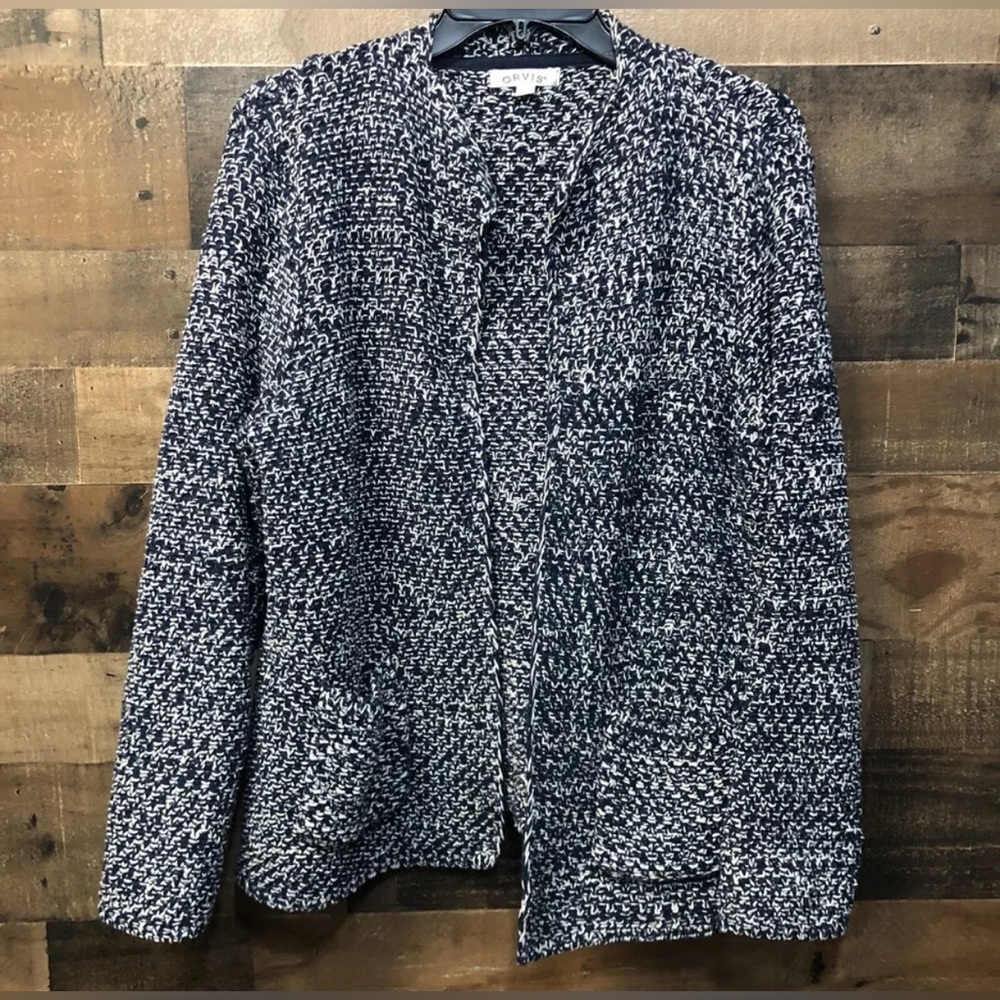 ORVIS Natural Wonders Cardigan Basketweave Knit Sweater Blue White L Large